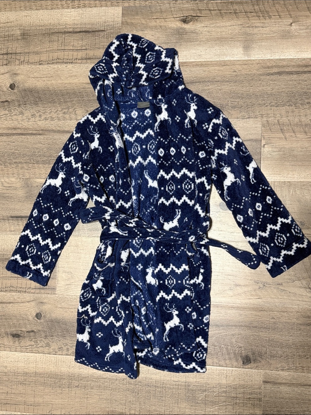 Eddie Bauer Navy and White Reindeer Hooded Kids Christmas Winter Robe